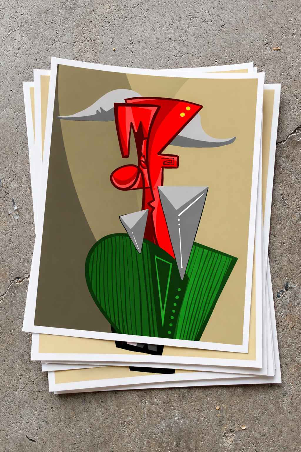 Cubist demon art print Belial, red and black geometric abstract portrait for heavy metal home decor.