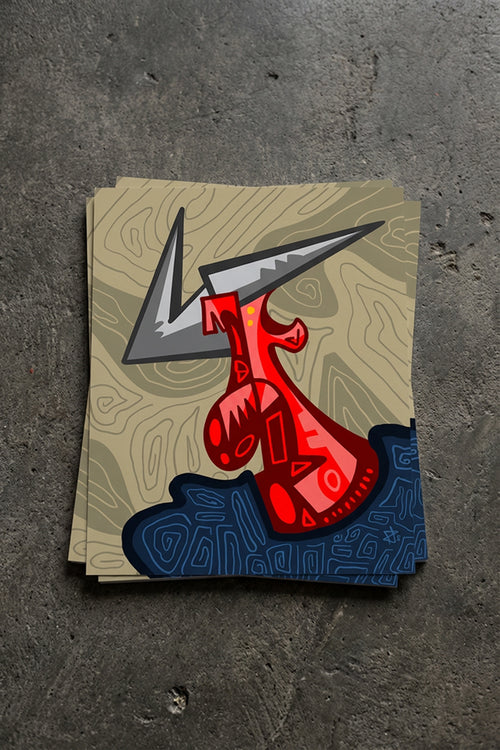 Cubist demon art print Belial, red and black geometric abstract portrait for heavy metal home decor.